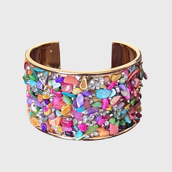 Multicolor Stone Embellished Gold Cuff Bracelet - Picture 2 of 10